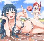  absurdres animal_print bikini blue_eyes blue_hair breasts cleavage collarbone commentary_request facial_mark haruki_(haruki678) highres holding holding_water_gun idolmaster idolmaster_million_live! jewelry julia_(idolmaster) kitakami_reika large_breasts long_hair looking_at_viewer lying medium_breasts navel necklace on_side open_mouth print_bikini red_hair short_hair smile star_(symbol) stomach swimsuit water_gun white_bikini zebra_print 