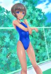  1girl absurdres ahoge black_hair blue_eyes blue_one-piece_swimsuit blue_sky breasts chain-link_fence cloud competition_swimsuit dark-skinned_female dark_skin day feet_out_of_frame fence highleg highleg_swimsuit highres one-piece_swimsuit original outdoors short_hair sky small_breasts smile solo swimsuit yonesuke_(yonesukesuke) 