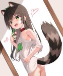  1girl animal_ear_fluff animal_ears ass bottomless breasts brown_hair cellphone collar green_eyes highres leaf leaf_on_head leaf_print long_hair mannack naked_shirt off_shoulder open_mouth original phone raccoon_ears raccoon_girl raccoon_tail shirt short_sleeves small_breasts smartphone solo tail white_shirt 