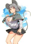  1girl absurdres animal_ears blue_sky blush breasts bursting_breasts exposed grey_hair grey_skirt grey_vest highres huge_breasts layered_clothes long_sleeves mamemochi mouse mouse_ears mouse_girl mouse_tail nazrin parted_lips red_eyes shirt short_hair skirt sky tail touhou vest wardrobe_malfunction white_shirt 