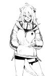  1girl ahoge animal_ear_piercing animal_ears blush choker collarbone furrowed_brow greyscale hair_between_eyes hand_in_pocket highres hololive hood hoodie lion_ears lion_girl lion_tail long_hair long_sleeves looking_at_viewer monochrome not_nodu shishiro_botan shorts sidelocks smile solo tail thigh_strap upper_body virtual_youtuber white_background 