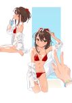  2girls :/ absurdres arm_up bare_legs bare_shoulders barefoot bikini blurry blurry_foreground blush bow bracelet breasts brown_eyes brown_hair commentary_request cowboy_shot cropped_legs drinking_straw drinking_straw_in_mouth from_side hair_between_eyes hair_bow hakurei_reimu highres jewelry looking_at_another multiple_girls multiple_views off_shoulder pov pov_hands profile red_bikini red_bow short_hair_with_long_locks sidelocks sideways_glance sitting small_breasts solo_focus standing swimsuit teruteru_(teru_teru) thigh_gap toes touhou v wariza 