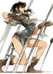  1girl armor black_hair boots breastplate chiva fire_emblem fire_emblem:_genealogy_of_the_holy_war gloves holding holding_sword holding_weapon larcei_(fire_emblem) planted planted_sword rapier shoulder_armor solo sword tunic weapon white_background 