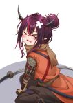  &gt;_&lt; 1girl absurdres alternate_costume armor commentary cosplay crossed_bandaids fangs highres hololive hololive_english horns irys_(hololive) jan_azure japanese_clothes kimono multiple_horns ninja open_mouth orange_kimono pointy_ears red_hair sekiro sekiro_(cosplay) solo virtual_youtuber 