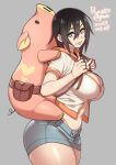  1girl agawa_ryou animal_bag artist_name backpack bag black_hair blue_eyes blue_shorts breasts cleavage closed_mouth commentary cropped_jacket dated denim denim_shorts english_commentary from_side grey_background hair_between_eyes jacket large_breasts long_hair medium_hair midriff navel original pig_bag short_sleeves shorts smile solo standing thick_thighs thighs white_jacket zipper_pull_tab 