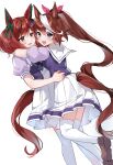  2girls absurdres akitsuki_(oenothera) animal_ears blue_eyes brown_eyes brown_hair hair_ribbon highres horse_ears horse_girl horse_tail hug long_hair looking_at_another looking_at_viewer medium_hair multicolored_hair multiple_girls nice_nature_(umamusume) open_mouth pleated_skirt ribbon shirt shoes simple_background skirt smile tail thighhighs tokai_teio_(umamusume) umamusume very_long_hair white_background white_hair white_thighhighs 