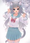  1girl absurdres animal_ear_fluff animal_ears blue_eyes blue_sailor_collar blue_skirt blurry blurry_background bow cat_ears cat_girl cat_tail claw_pose commentary_request depth_of_field fang grey_hair hair_ornament hairclip hands_up highres hinata_(user_rjkt4745) long_hair long_sleeves original pleated_skirt puffy_long_sleeves puffy_sleeves red_bow sailor_collar school_uniform serafuku shirt skirt solo tail thighhighs two_side_up very_long_hair white_shirt white_thighhighs 