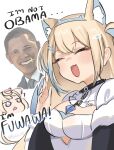  2girls ? animal_ears barack_obama black_eyes black_hair blonde_hair blue_eyes blue_hair blue_hairband breasts closed_eyes collar dark-skinned_male dark_skin dog_ears dog_girl english_text fang fuwawa_abyssgard hair_between_eyes hair_ornament hairband hairclip hand_up highres hololive hololive_english long_hair medium_breasts mococo_abyssgard multicolored_hair multiple_girls open_mouth pink_hairband politician short_hair sidelocks simple_background skin_fang smile sobbi11 sparkle spiked_collar spikes streaked_hair truth twitter_username two-tone_hair upper_body virtual_youtuber white_background 