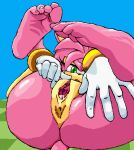  amy_rose anus bodily_fluids clothing eulipotyphlan female genital_fluids genitals gloves green_eyes handwear hedgehog humanoid legs_in_air lying mammal nahadon on_back open_mouth pink_body presenting presenting_pussy pussy pussy_juice scrunched_toes sega solo sonic_the_hedgehog_(series) spread_pussy spreading 