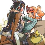  2girls arms_around_neck bare_shoulders black_hair blue_hair blush dark-skinned_female dark_skin eyewear_on_head hug interracial long_hair looking_at_another multicolored_hair multiple_girls nessa_(pokemon) open_mouth orange_hair pants pokemon pokemon_(game) pokemon_swsh rekka ribbed_sweater shorts side_ponytail sonia_(pokemon) sweater two-tone_hair yuri 