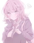  1girl backpack bag breasts collared_shirt danganronpa_(series) danganronpa_2:_goodbye_despair flipped_hair galaga hair_ornament hand_on_own_cheek hand_on_own_face hand_up highres hood jacket knees_up long_sleeves looking_at_viewer medium_hair nanami_chiaki neck_ribbon pink_eyes pink_ribbon pote_(pote_39) ribbon shirt solo squiggle thighhighs two-tone_shirt white_shirt 