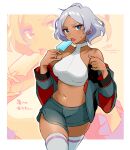  1girl ahoge aizaki_b asticassia_school_uniform blush breasts collarbone cropped_shirt dark-skinned_female dark_skin food green_eyes green_jacket grey_hair gundam gundam_suisei_no_majo halter_shirt halterneck highres holding holding_food ice_cream jacket large_breasts looking_at_viewer midriff navel open_mouth popsicle school_uniform secelia_dote short_hair short_shorts shorts skindentation solo thighhighs thighs white_thighhighs zoom_layer 