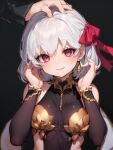  1girl ai-generated bare_shoulders blunt_bangs blush breasts collar earrings fate/grand_order fate_(series) hair_ribbon jewelry kama_(fate) looking_at_viewer metal_bracelet metal_collar revealing_clothes ribbon see-through_cleavage small_breasts smile solo user_ugsc2333 white_hair 