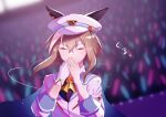  1girl animal_ears ascot blurry blurry_background breasts brown_hair cape cheval_grand_(umamusume) closed_eyes collared_shirt concert covering_mouth facing_viewer gloves hair_between_eyes hands_up hat hat_belt horse_ears jacket long_hair long_sleeves medium_breasts multicolored_hair renma_(renma_0503) shirt single_glove solo sound_effects streaked_hair sweat twitter_username umamusume upper_body v-shaped_eyebrows watermark white_gloves white_headwear white_jacket yellow_ascot 