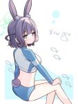  animal_ears blue_archive breasts commentary_request green_eyes halo highres large_breasts looking_at_viewer medium_hair official_alternate_costume purple_hair rabbit_ears rash_guard saki_(blue_archive) saki_(swimsuit)_(blue_archive) sorakuu thighs 