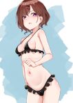  0:00 1girl arm_at_side bare_arms bare_shoulders belly bikini black_bikini blue_background breasts brown_hair clenched_hand cowboy_shot frilled_bikini frills hair_ornament hairclip highres higuchi_madoka idolmaster idolmaster_shiny_colors looking_at_viewer medium_breasts mole mole_under_eye navel open_mouth pink_eyes short_hair simple_background solo stomach strap_gap swept_bangs swimsuit v-shaped_eyebrows wavy_hair 