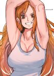  1girl alternate_costume aosora2823 armpits arms_up blush breasts cleavage collarbone earrings grin highres jewelry large_breasts long_hair looking_at_viewer nami_(one_piece) one_piece orange_hair presenting_armpit simple_background smile solo tank_top twitter_username upper_body very_long_hair white_background white_tank_top 