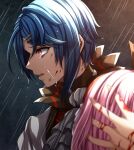  1boy 1girl alcryst_(fire_emblem) ascot blood blood_on_hands blue_hair crying fire_emblem fire_emblem_engage hair_ornament hairclip highres holding injury lapis_(fire_emblem) looking_to_the_side rain red_eyes short_hair tears white_ascot yozu_(yozu0420) 