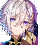  1boy artist_name fate/grand_order fate_(series) hair_between_eyes holding holding_mask horned_mask looking_at_viewer male_focus mask moru no_mask portrait prince_of_lan_ling_(fate) purple_eyes removing_mask short_hair simple_background smile solo upper_body watermark white_background white_hair 