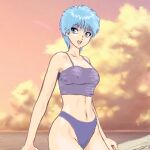  1980s_(style) 1girl :d bare_arms bare_shoulders blue_eyes blue_hair breasts camisole cloud collarbone covered_nipples light_blue_hair medium_breasts mizumori_keiichi navel open_mouth panties purple_camisole purple_panties retro_artstyle short_hair smile solo teeth twilight underwear upper_teeth_only very_short_hair wingman yume_aoi 