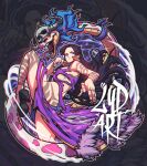  1girl animal black_hair boa_hancock feet_up floating_hair high_heels highres horns long_hair looking_at_viewer lydart_mclo one_piece purple_eyes python salome_(one_piece) signature skull snake tattoo tongue tongue_out torn_clothes 