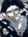  1boy akutagawa_ryuunosuke_(bungou_stray_dogs) black_hair black_jacket bungou_stray_dogs collared_jacket hand_up hiba_riko highres jacket male_focus multicolored_hair open_hand red_eyes shirt short_hair solo two-tone_hair upper_body white_hair white_shirt 