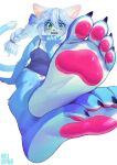  2023 4_fingers 4_toes anthro aruurara blue_body blue_camisole blue_eyes blue_fur braided_hair cute_fangs domestic_cat eyebrow_through_hair eyebrows feet felid feline felis female fingers foot_focus fur green_eyes hair hashimoto-chan heterochromia hi_res inner_ear_fluff kemono looking_at_viewer mammal multicolored_body multicolored_fur open_mouth pawpads pink_pawpads sitting soles solo toes translucent translucent_hair tuft two_tone_body two_tone_fur 