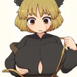  1girl alternate_breast_size black_bow black_shirt blonde_hair blush bow breasts brown_dress brown_eyes bursting_breasts buttons camp_of_hunger cleavage dress hair_bow huge_breasts kurodani_yamame shirt short_hair solo sweatdrop touhou undressing 