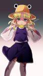  1girl blonde_hair blue_eyes breasts brown_headwear enjoy_mix feet_out_of_frame gradient_background highres holding long_sleeves looking_at_viewer moriya_suwako one-hour_drawing_challenge parted_bangs parted_lips purple_skirt purple_vest shirt shukusei!!_loli-gami_requiem sidelocks skirt small_breasts solo thighhighs touhou vest white_shirt white_thighhighs wide_sleeves 
