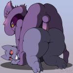  abbirabbit ambiguous_gender anal anal_penetration anthro balls big_butt butt digital_media_(artwork) duo erection female from_behind_position generation_1_pokemon generation_4_pokemon gengar genitals ghost gynomorph gynomorph/female gynomorph_penetrating hi_res intersex intersex/female intersex_penetrating mismagius mounting nintendo penetration penis pokemon pokemon_(species) purple_body sex simple_background smile spirit thick_thighs 