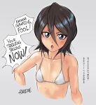  1girl :o absurdres arm_at_side artist_name bare_shoulders bikini black_hair bleach blue_eyes blush breasts collarbone commentary cropped_arms cropped_torso english_text grey_background hair_between_eyes halterneck hand_on_own_hip highres kuchiki_rukia light_blush long_bangs looking_at_viewer mixed-language_text open_mouth rahime romaji_commentary short_hair signature simple_background small_breasts solo speech_bubble swimsuit talking translated upper_body v-shaped_eyebrows white_bikini 