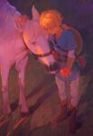  1boy apple belt blue_eyes blue_tunic boots feeding food fruit highres holding holding_food holding_fruit horse leather leather_boots light_brown_hair link pants pixiv16429474 pointy_ears shield the_legend_of_zelda the_legend_of_zelda:_breath_of_the_wild white_horse white_pants 