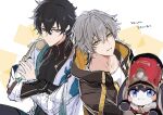  1other 2boys aqua_eyes black_hair black_jacket black_shirt caelus_(honkai:_star_rail) crossed_arms dan_heng_(honkai:_star_rail) grey_hair honkai:_star_rail honkai_(series) hood hood_down jacket long_sleeves matori_(penguin_batake) multiple_boys parted_lips pom-pom_(honkai:_star_rail) rabbit shirt short_hair sketch smile teeth trailblazer_(honkai:_star_rail) turtleneck twintails white_shirt yellow_eyes 