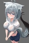  1girl ahoge animal_ear_fluff animal_ears blush braid breasts breasts_squeezed_together foreshortening fox_ears fox_girl fox_tail green_eyes grey_background hair_between_eyes highres hololive longsan looking_at_viewer medium_breasts midriff navel own_hands_together shirakami_fubuki shirt shorts side_braid simple_background single_braid sweat sweaty_clothes tail very_sweaty virtual_youtuber wet wet_clothes wet_hair wet_shirt white_hair 