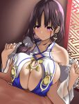  1boy 1girl akure_ekuto azur_lane black_hair breasts cleavage closed_mouth clothed_female_nude_male commentary_request commission earrings grabbing grabbing_another&#039;s_breast hetero highres indoors jewelry large_breasts multiple_sources nude paizuri paizuri_under_clothes pink_eyes pov short_hair skeb_commission smile solo_focus ting_an_(azur_lane) 