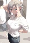  2girls arm_behind_back black_shorts blue_eyes blurry blurry_background breasts closed_mouth commentary_request ear_piercing hair_between_eyes jonsun looking_at_viewer medium_breasts multiple_girls original piercing riku_(jonsun) shirt short_sleeves shorts solo_focus t-shirt twitter_username white_shirt 