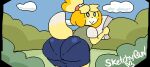  accessory animal_crossing animated anthro bent_over big_butt blue_bottomwear blue_clothing blue_skirt blush bottomwear butt canid canine canis clothing cloud digital_media_(artwork) domestic_dog female fur grass green_clothing green_topwear green_vest hair_accessory hairband holding_object isabelle_(animal_crossing) looking_at_viewer looking_back mammal multicolored_body multicolored_fur nintendo orange_body orange_fur paper plant presenting presenting_hindquarters shaking shaking_butt shih_tzu shirt shrub sketchybun skirt solo text thick_thighs topwear toy_dog twerking two_tone_body two_tone_fur vest white_clothing white_shirt white_topwear yellow_body yellow_fur 