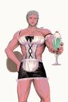  1boy adapted_uniform alternate_costume alternate_pectoral_size bara cherry enmaided feet_out_of_frame food fruit green_hair highres incoming_drink large_pectorals maid maid_day male_focus muscular muscular_male nok_(nok_1) obliques one_piece pectoral_cleavage pectorals roronoa_zoro scar scar_across_eye short_hair sideburns solo standing thighs whipped_cream 