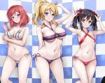 3girls arm_under_breasts arm_up ass_visible_through_thighs ayase_eli bare_arms bare_shoulders bikini black_hair blonde_hair blue_background blue_eyes blush bow breasts breath cameltoe checkered_background cleavage closed_mouth collarbone commentary_request cutie_panther double_w flat_chest grin hair_bow hair_twirling hand_up highres large_breasts long_hair looking_at_viewer love_live! love_live!_school_idol_project medium_breasts medium_hair micro_bikini multiple_girls navel nishikino_maki parted_lips playing_with_own_hair ponytail pretzel_bikini purple_bikini purple_eyes r-binon red_bikini red_bow red_eyes red_hair side-tie_bikini_bottom sidelocks smile standing stomach string_bikini striped striped_bikini sweat sweatdrop swimsuit thighs tile_wall tiles twintails w wet white_bikini yazawa_nico 