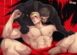  2boys abs albert_wesker aliveyozora bara bath bath_of_blood beard black_pants black_shirt blonde_hair blood blood_on_face chris_redfield closed_eyes completely_nude erection eyewear_removed facial_hair highres holding holding_removed_eyewear large_pectorals male_focus multiple_boys muscular muscular_male navel nipples nude pants pectorals penis resident_evil shirt sunglasses yaoi 