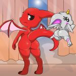  adeviantcritter ambiguous_gender butt curtains duo feral grey_body horn humanoid jumpstart_games neopet_(species) neopets red_body shoyru tail wings 