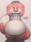  ambiguous_gender anthro belly big_belly canid canine digital_media_(artwork) drake_(kitty_pride) fox foxball fur happy hi_res kitty_pride looking_at_viewer lying male mammal nude obese on_front overweight overweight_anthro overweight_male simple_background smile solo standing tail text thick_thighs white_body 