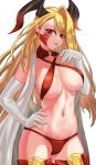  1girl :p bikini blonde_hair breasts collarbone commentary_request criss-cross_halter elbow_gloves fate/grand_order fate_(series) gloves halterneck hand_on_own_hip highres horns kugiseiichi large_breasts long_hair looking_at_viewer nero_claudius_(fate) queen_draco_(fate) queen_draco_(third_ascension)_(fate) red_bikini red_eyes red_thighhighs simple_background solo swimsuit thighhighs tongue tongue_out underboob white_background white_gloves 
