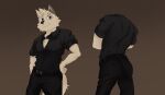  anthro belt bottomwear bow_tie butt canid canine canis clothing dress_shirt hair hi_res male mammal muscular pants red_eyes rygel_spkb sebastien_(rygel_spkb) shirt simple_background solo standing topwear white_body wolf 