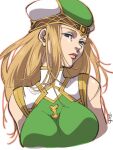  1girl bare_shoulders blonde_hair blue_eyes breasts closed_mouth freya_(valkyrie_profile) green_headwear hat highres lipstick long_hair looking_at_viewer makeup shirako_(kirupi) simple_background solo valkyrie_profile_(series) white_background 