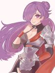  1girl armor breasts chimney_(chimney0311) cleavage commentary_request fire_emblem fire_emblem:_three_houses fire_emblem_warriors:_three_hopes gauntlets hair_bun hair_over_one_eye half_updo highres large_breasts long_hair purple_eyes purple_hair shez_(female)_(fire_emblem) shez_(fire_emblem) shoulder_armor simple_background smile solo white_background 
