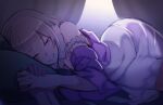  1girl bare_shoulders bed breasts cleavage detached_collar elf emilia_(re:zero) highres holding_hands lying nightgown one_eye_closed pointy_ears purple_eyes smile white_hair wide_sleeves zerobarto 