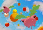  balloon blue_sky closed_eyes closed_mouth cloud commentary_request day english_text flying from_below full_body gyura highres hoppip leaf no_humans outdoors pokemon pokemon_(creature) signature sky smile 
