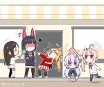  5girls absurdres airi_(blue_archive) anger_vein animal_ears b.t._(boob_tong) black_hair black_jacket blonde_hair blue_archive blunt_bangs cat_ears cat_girl chibi colored_inner_hair commentary_request crossed_arms extra_ears food food-themed_hair_ornament full_body green_eyes hair_between_eyes hair_ornament hair_ribbon head_bump highres hood hooded_jacket ice_cream ice_cream_cone ice_cream_hair_ornament jacket kazusa_(blue_archive) laughing long_hair long_sleeves low_twintails multicolored_hair multiple_girls natsu_(blue_archive) open_clothes open_jacket pink_hair pleated_skirt purple_eyes red_eyes red_jacket reisa_(blue_archive) ribbon school_uniform serafuku short_hair side_ponytail sidelocks sitting skirt standing star_(symbol) star_hair_ornament striped striped_thighhighs thighhighs twintails two-tone_hair two_side_up yoshimi_(blue_archive) zettai_ryouiki 