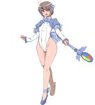  1girl :d ahoge ankle_ribbon ballet_slippers blue_bow blue_bowtie blue_ribbon blue_shirt bob_cut bow bowtie breasts brown_eyes brown_hair commentary covered_navel covered_nipples full_body groin hair_between_eyes hair_ribbon highleg highleg_leotard holding holding_staff leg_ribbon leotard long_bangs long_sleeves looking_at_viewer madobe_yuu magical_girl microsoft_windows open_mouth os-tan personification puffy_short_sleeves puffy_sleeves purple_footwear ribbon ruriwo_(ruriwo1894) shirt short_hair short_sleeves shrug_(clothing) simple_background small_breasts smile solo staff walking white_background white_leotard windows_8 windows_logo winged_wand 